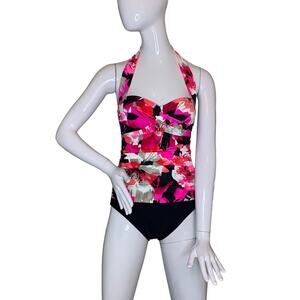 Aqua Green One Piece Swimsuit Padded Floral Pink Print Black bottom Small Halter